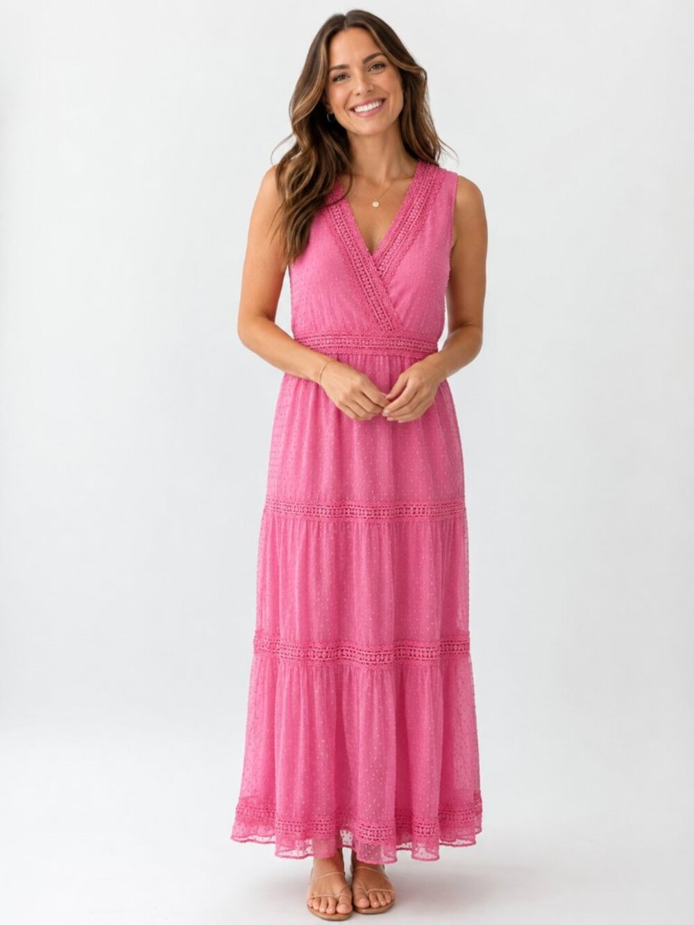 Sleeveless Pink Maxi Dress with Crochet Trim
